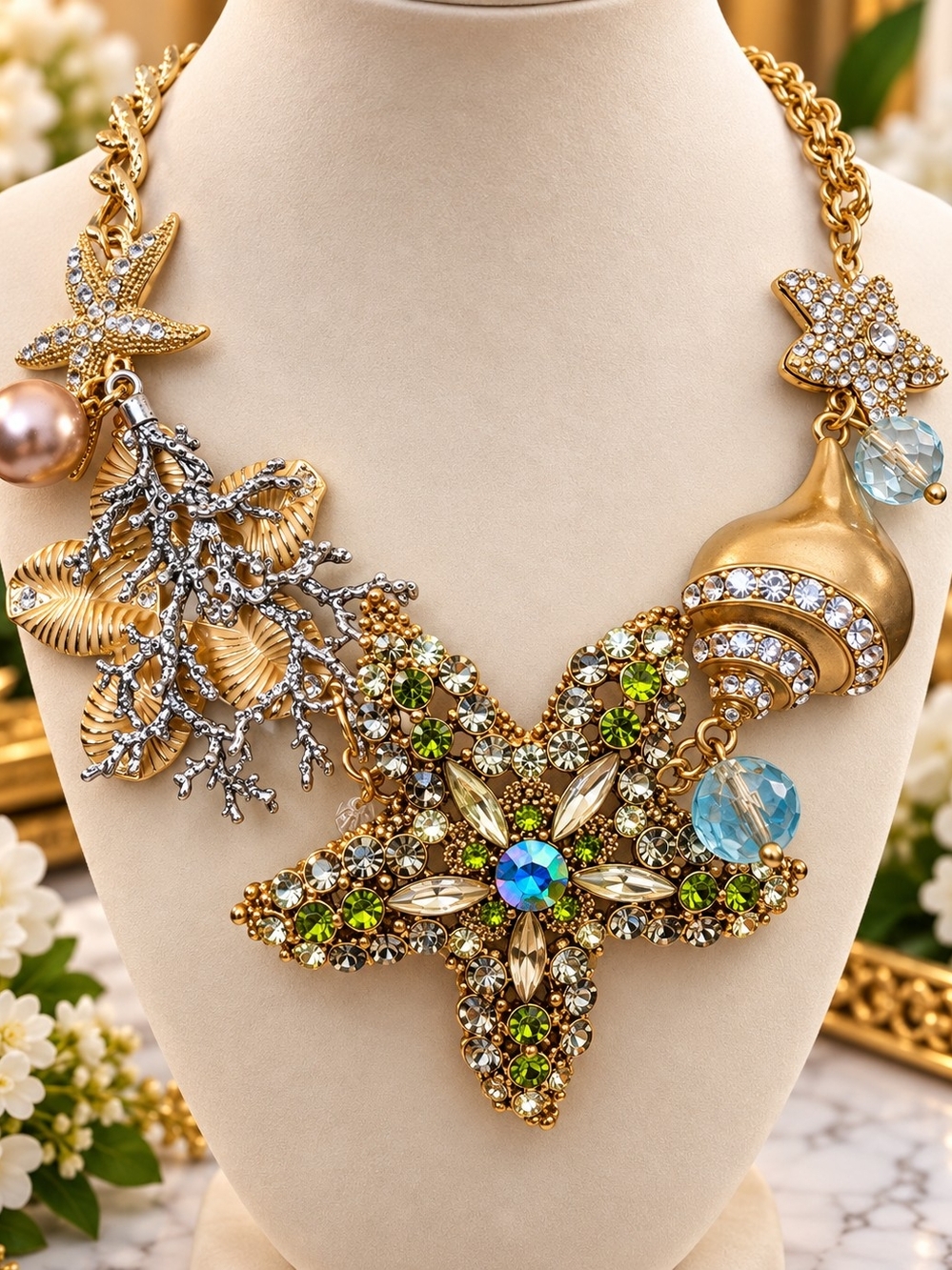 Gold Statement Starfish Necklace with Green and Blue Crystals 168